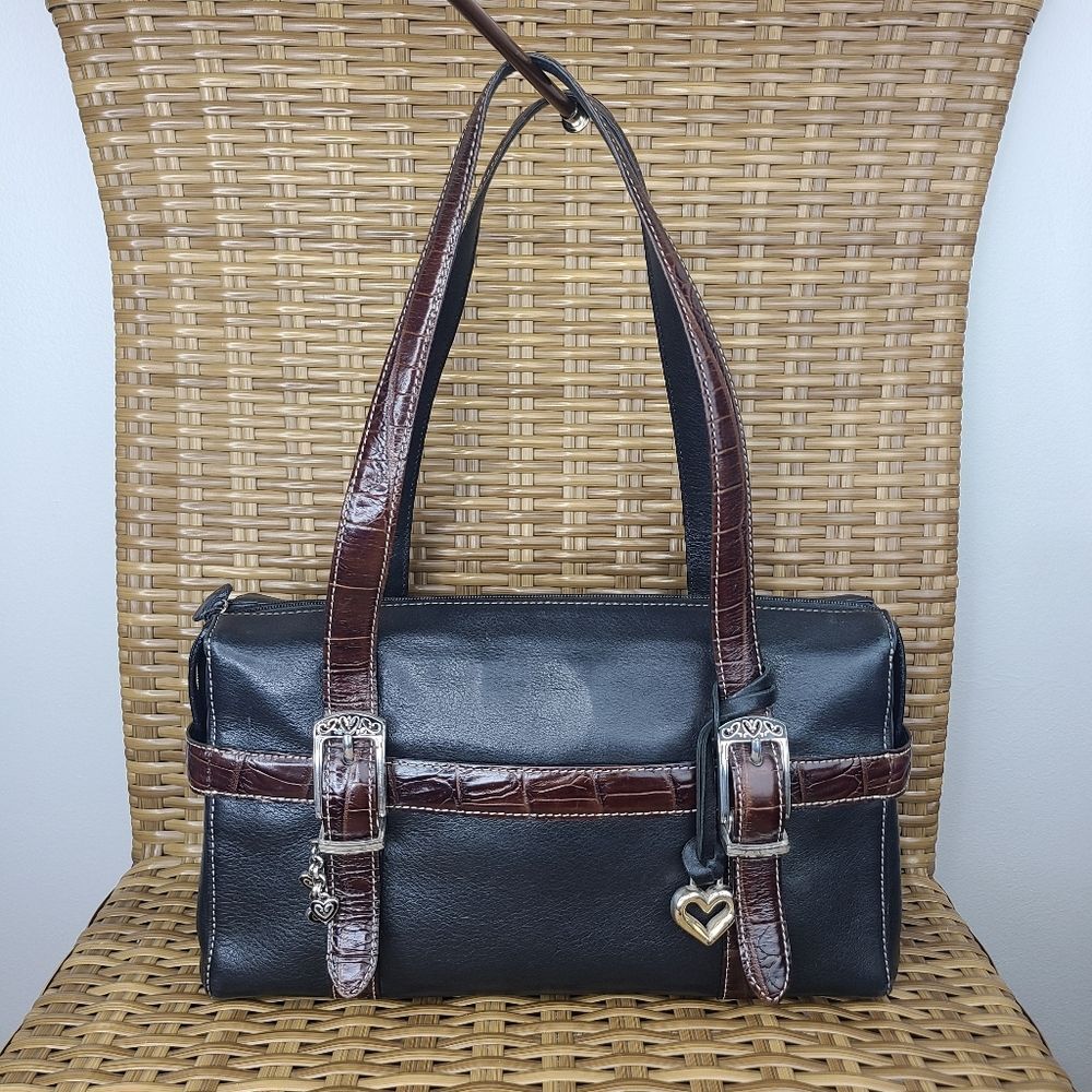Brighton Black Leather Shoulder Bag Satchel Brown Crocodile Handles Buckle